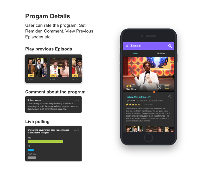 High fidelity mockup — interactive features and TV controls